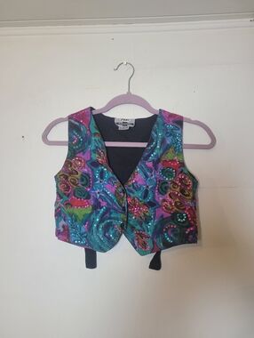 Vintage Fast Forward Artsy Sequined Multicolor Floral Waistcoat Vest Size Small